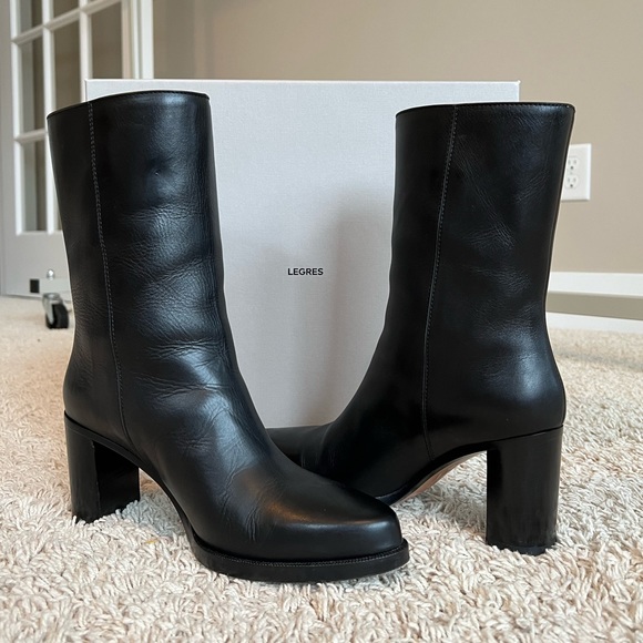 LEGRES Black Leather Block Heel Point Toe Ankle Boots EU 37 - Picture 2 of 10